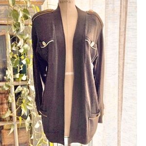 St John Sportswear Marie Gray Brown Knit Sweater Jacket Long Military Style M